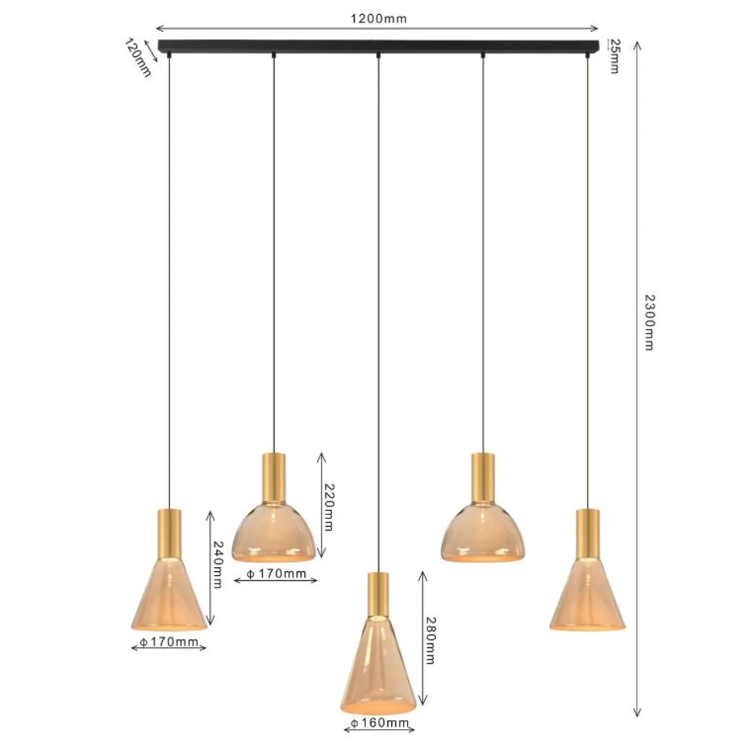 Marlo 5-lichts Hanglamp Amber glas