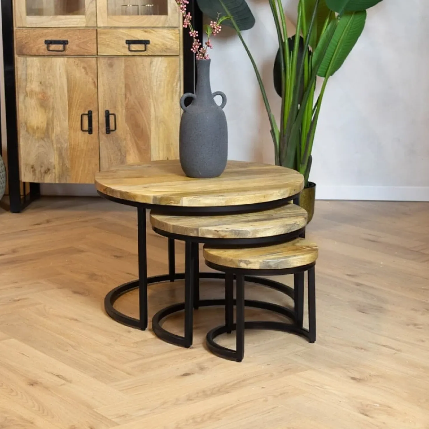 Morada salontafel industrieel mangohout naturel rond set van 3