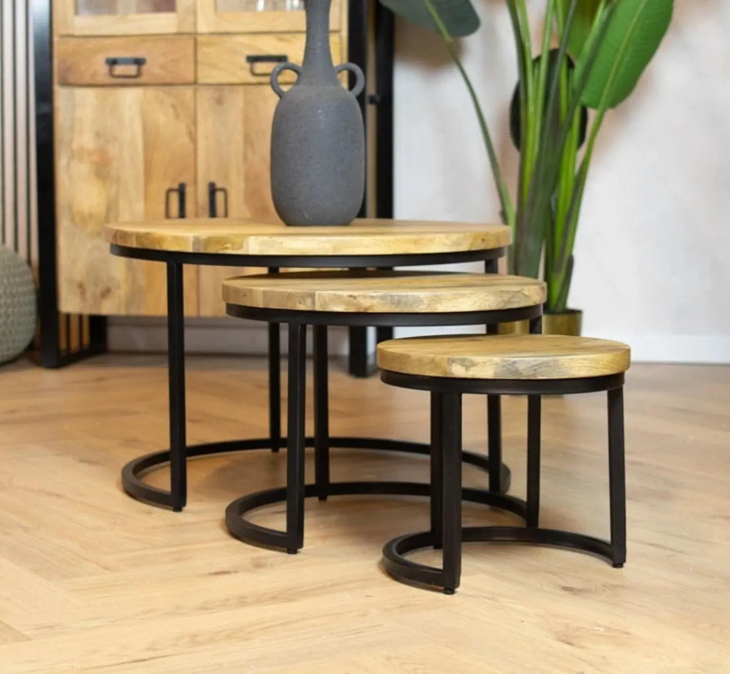Morada salontafel industrieel mangohout naturel rond set van 3