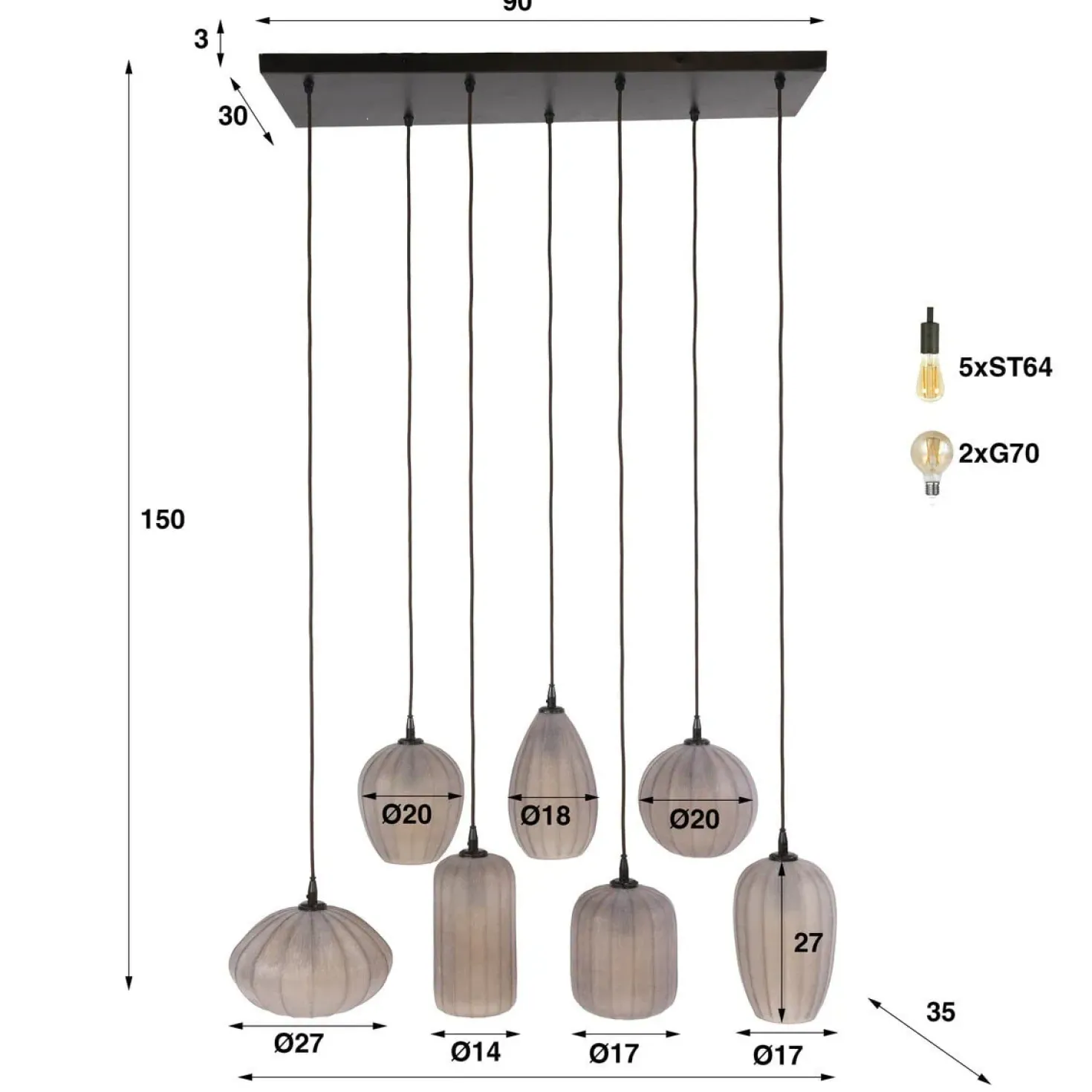 Nevada 7-lichts Hanglamp bruin-frosted glas