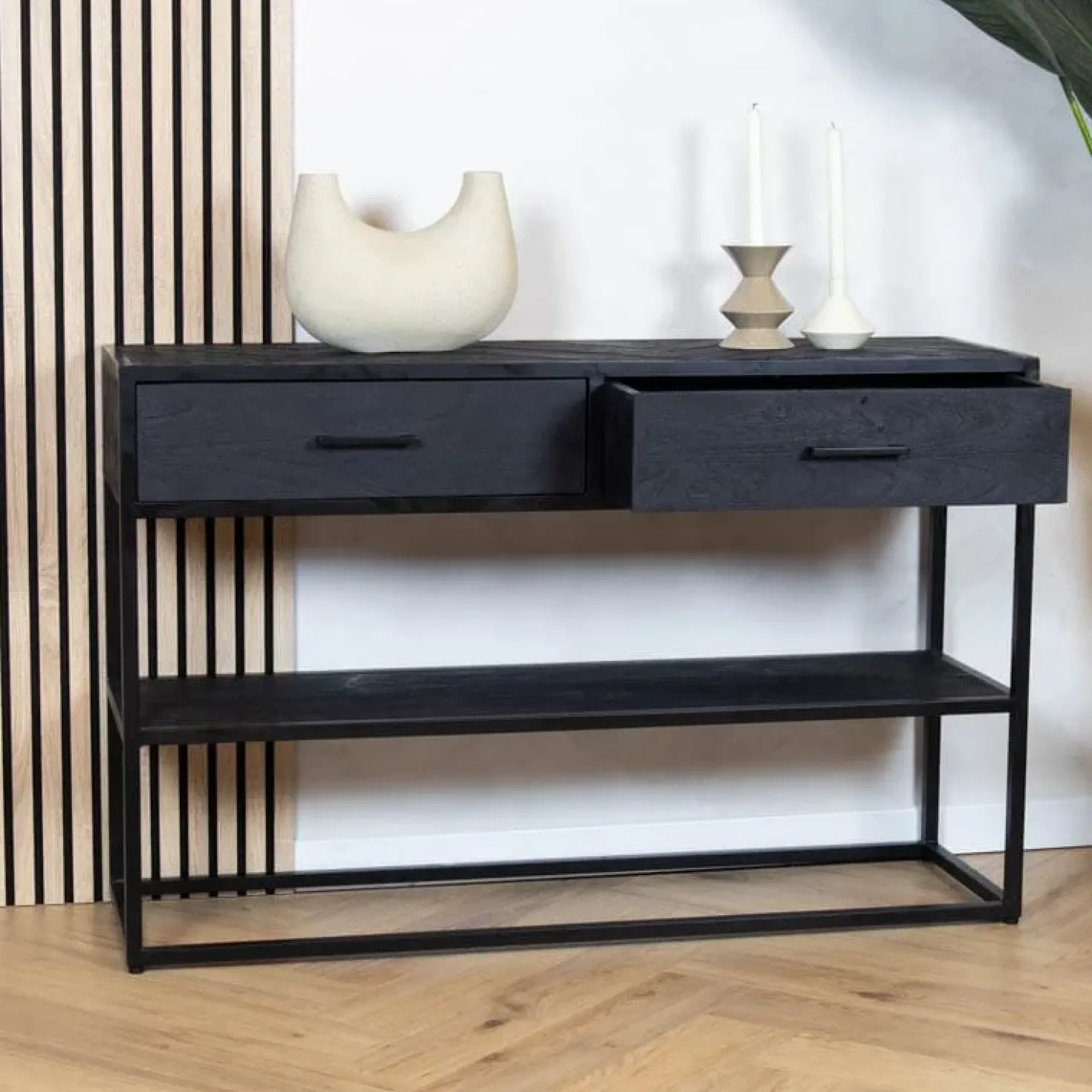 Scandi sidetable mangohout 2-lades 120cm zwart visgraat