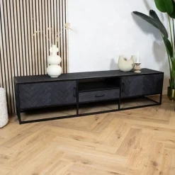 Scandi tv meubel industrieel mangohout visgraat zwart 210cm