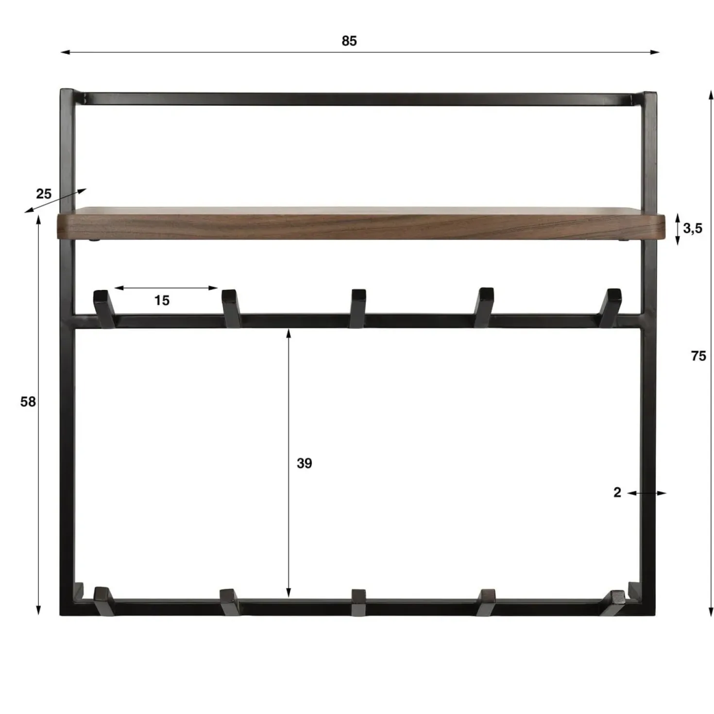 Stockton Kapstok hoog 12 haken Bruin 85cm