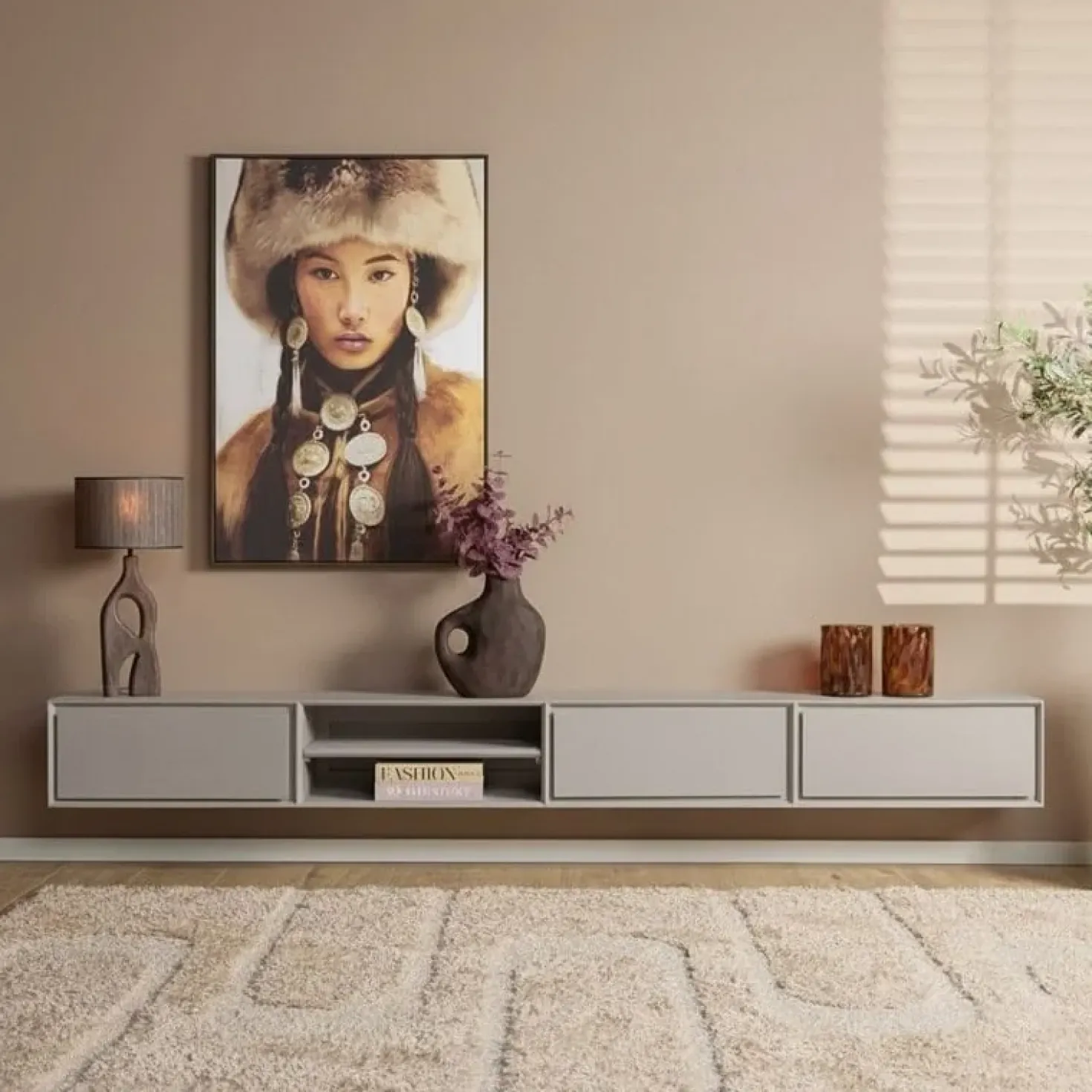 Tony Zwevend Tv meubel Taupe Mangohout 280 cm